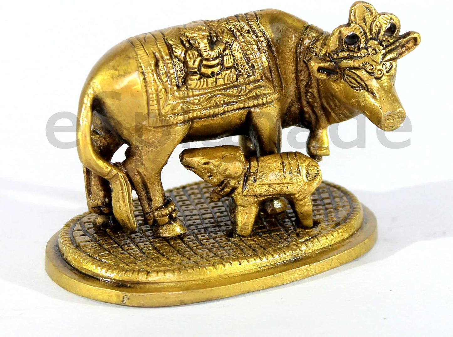 eSplanade Brass Holy Kamdhenu Cow and Calf Sculpture | Holy Cow Brass Idol Beautiful Lucky (Carved Cow)