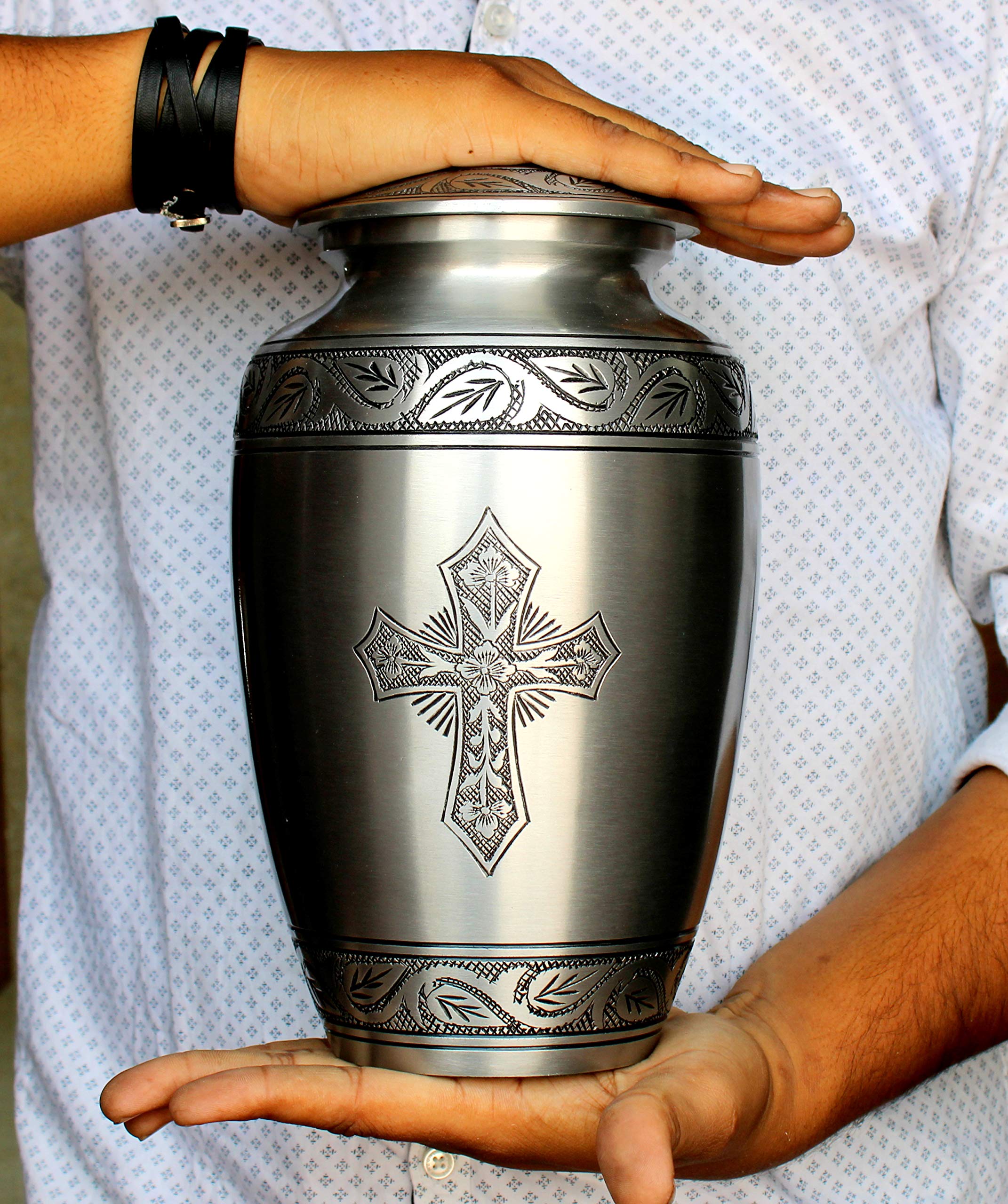 eSplanade Brass Cremation Urn Memorial Jar Pot Container | Full Size Urn for Funeral Ashes Burial | Holy Cross Printed Urn | Black - 10" Inches