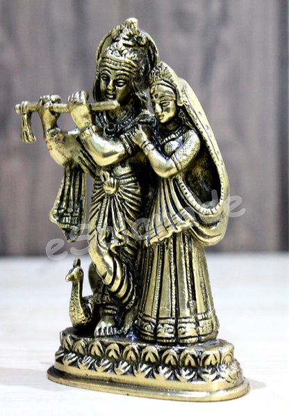 StonKraft - Radha Krishna Pair Murti Idol Statue Sculpture - Brass - 6" Inches - Antique