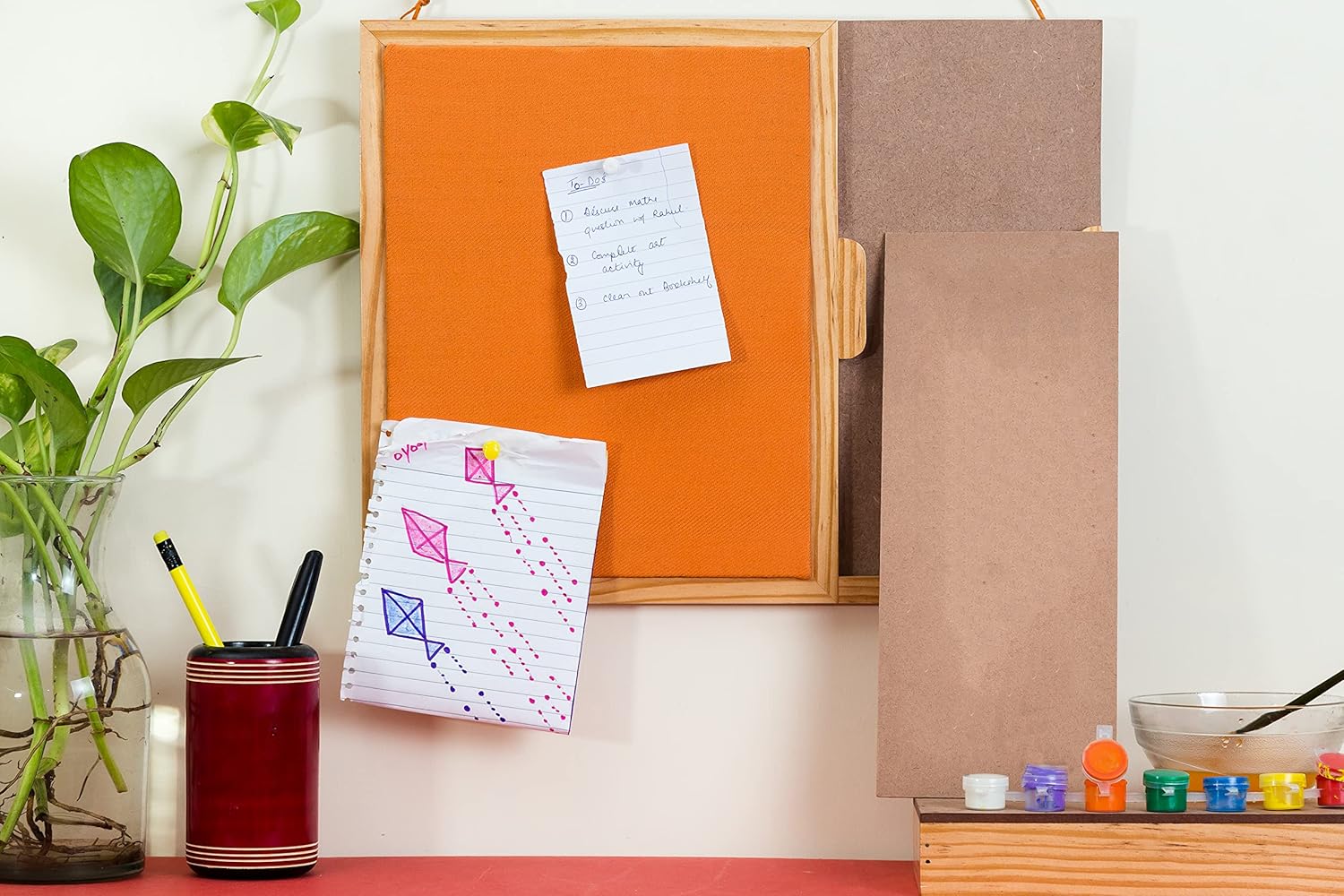 IVEI MDF Wood Square Pin Board/Bulletin Board & Push Pins for Fun Learning Kids Activity, with DIY Panel, Room Décor Notice Display Board, Orange & Black (14x11x1 in)