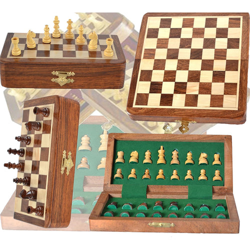 Handmade Wooden Rosewood Foldable Magnetic Chess Game Board with Storage Slots, 7 Inch