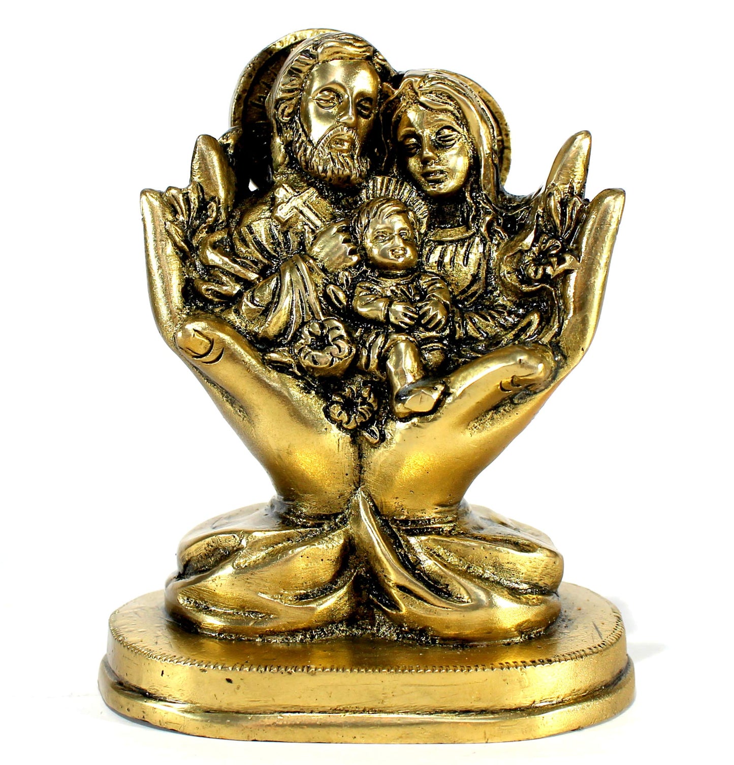 StonKraft - 5.5" Brass - Mary Joseph and Jesus Christ - Jesus Family in Hands - Idol Murti Statue Sculpture Figurine