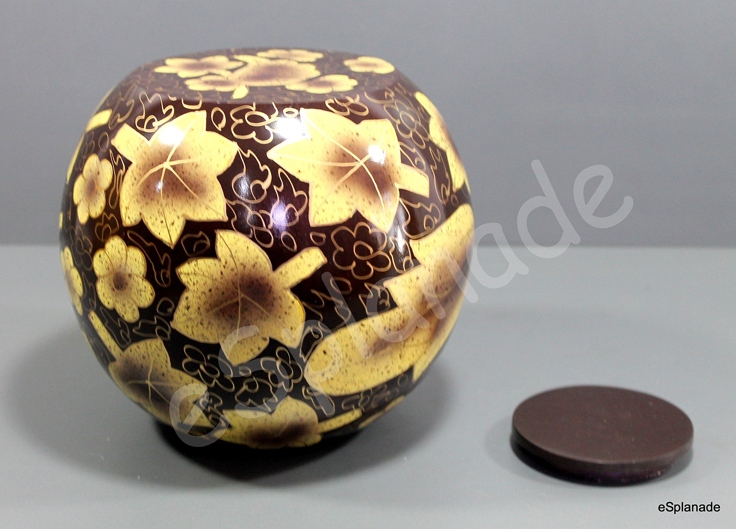 eSplanade Metal Cremation Urn Memorial Jar Pot Container | Full Size Round Shape Urn for Funeral Ashes Burial | Maple Leaves and Flowers Print | Brown - 8" Inches