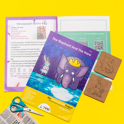 IVEI Panchatantra Kids Learning Book - Workbook and 2 DIY coasters of Panchatantra Story - Colouring Activity Worksheets - Creative Fun Activity and Education For Kids - The Elephant and the Hare