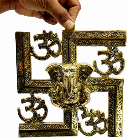 eSplanade Brass OM Aum Swastik Sathiya and Ganesha Ganesh Wall Hanging Yantra - 8.5" Inches (Big Size)