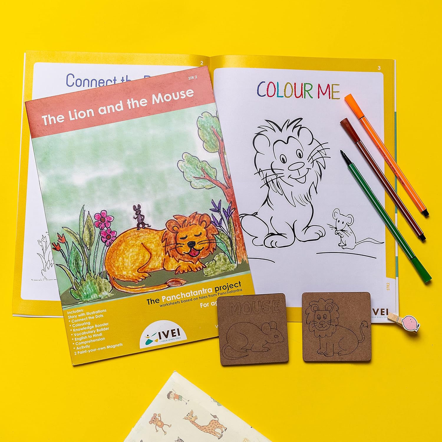 IVEI Panchatantra Kids Learning Book - Workbook and 2 DIY magnets of Panchatantra Story - Colouring Activity Worksheets - Creative Fun Activity and Education For Kids - The Lion and the Mouse ( Age 4 to 7 Years )