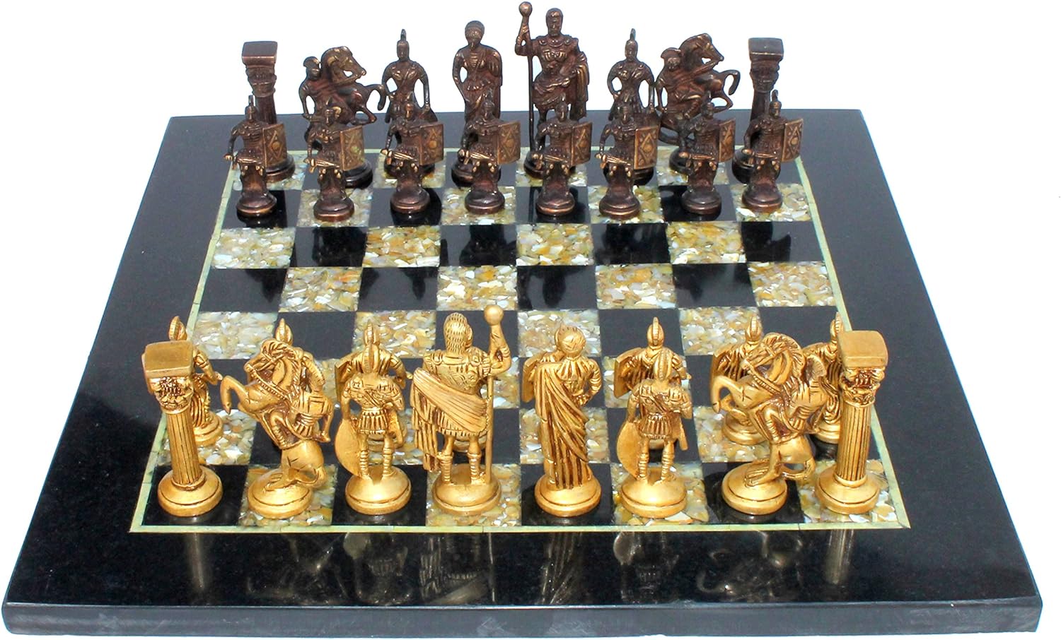 StonKraft Collectiblck e Black Marble & (MOP) Mother of Pearl Chess Board Set + Brass Chess Pieces - Decorative Stone Chess - Home Decor - 15" Inches