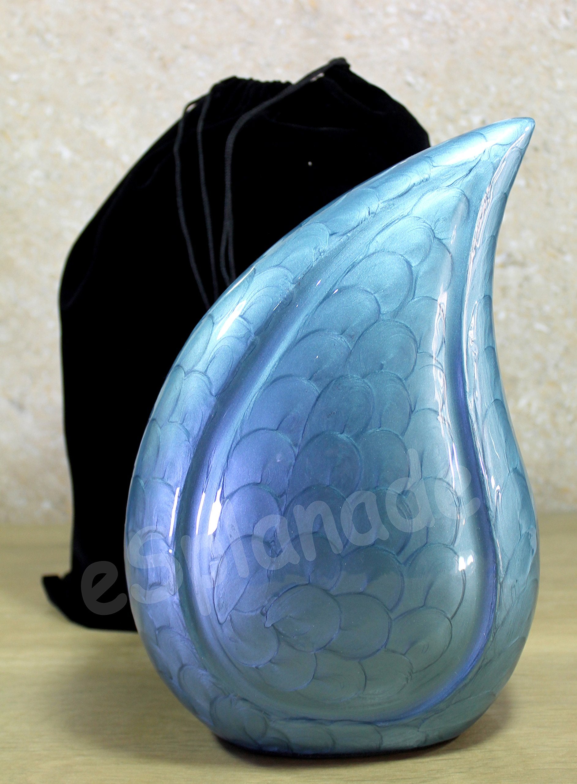 eSplanade Metal Cremation Urn Memorial Jar Pot Container | Full Size Embossed Urn for Ashes Funeral Burial | Teardrop Metal Urns | Dark Blue, Sky blue, Violet - 10" Inches