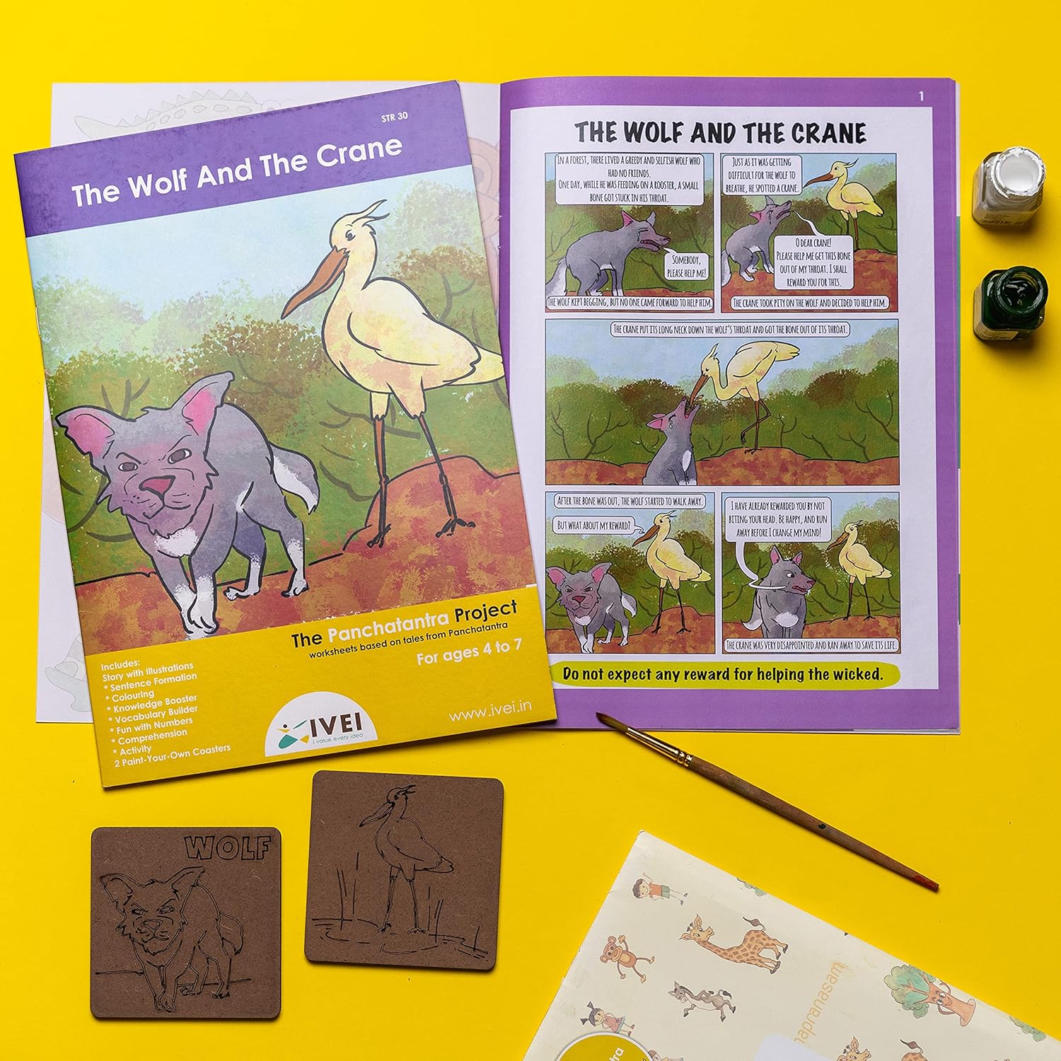 IVEI Panchatantra Kids Learning Book - Workbook and 2 DIY coasters of Panchatantra Story - Colouring Activity Worksheets - Creative Fun Activity and Education For Kids - The Wolf and the Crane ( Age 4 to 7 Years )