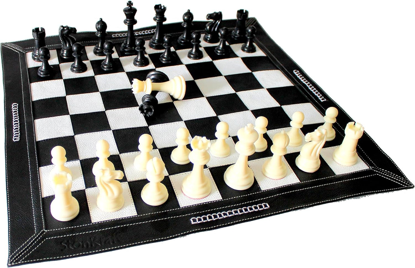 Stonkraft - 19" x 19" Genuine Leather Roll-Up Tournament Chess Set with Plastic Chess Pieces - Black