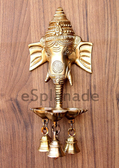 eSplanade - 9.5" Brass Ganesha Ganesh Ganpati Wall Hanging Deepak With Bells | Brass Diya |