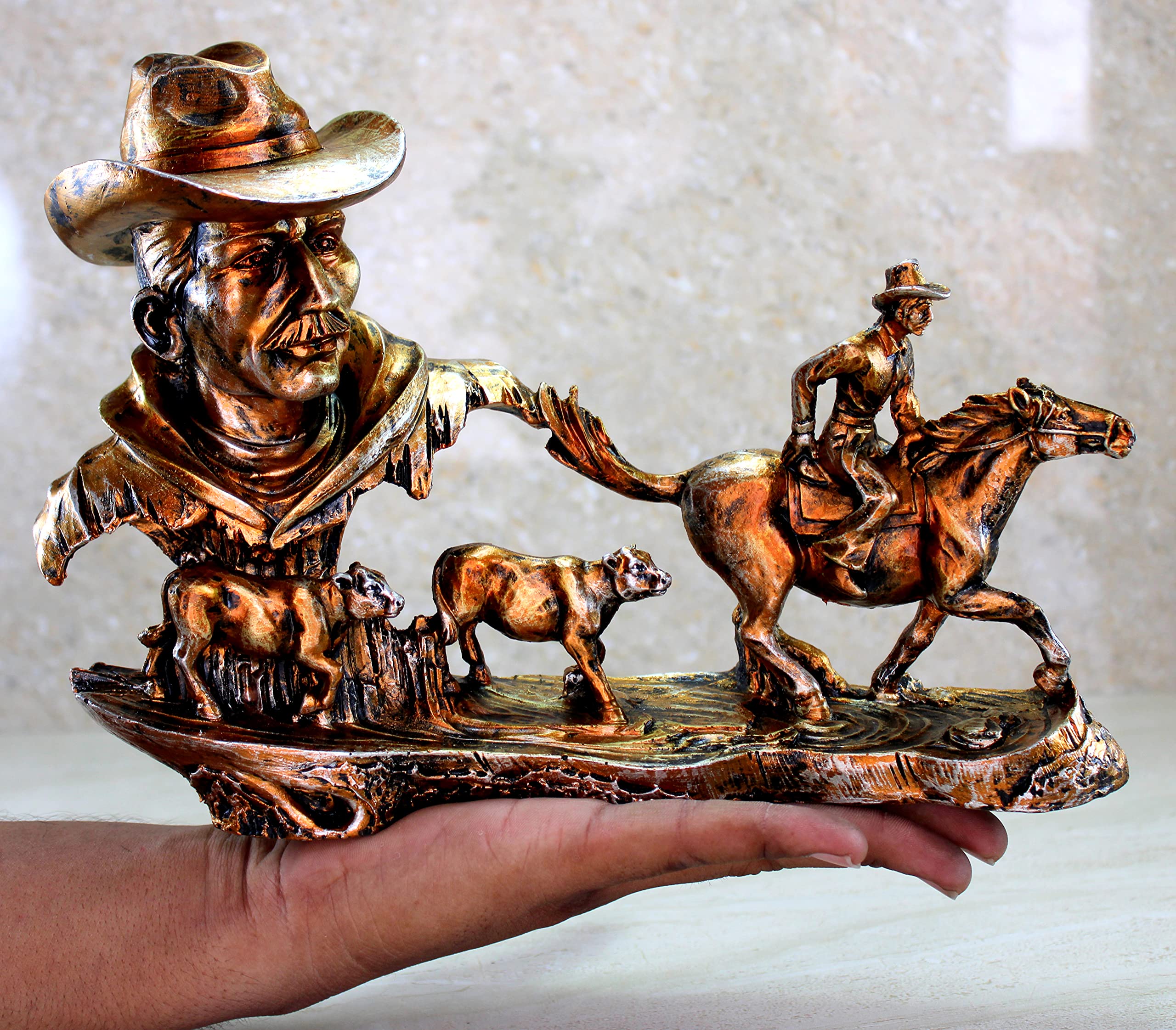 eSplanade Resin Cowboys with Horse, Cow Decorative Sculpture Showpiece Figurine - Home Decor - Grey Brown & Golden Brown- 9" Inches (Height)