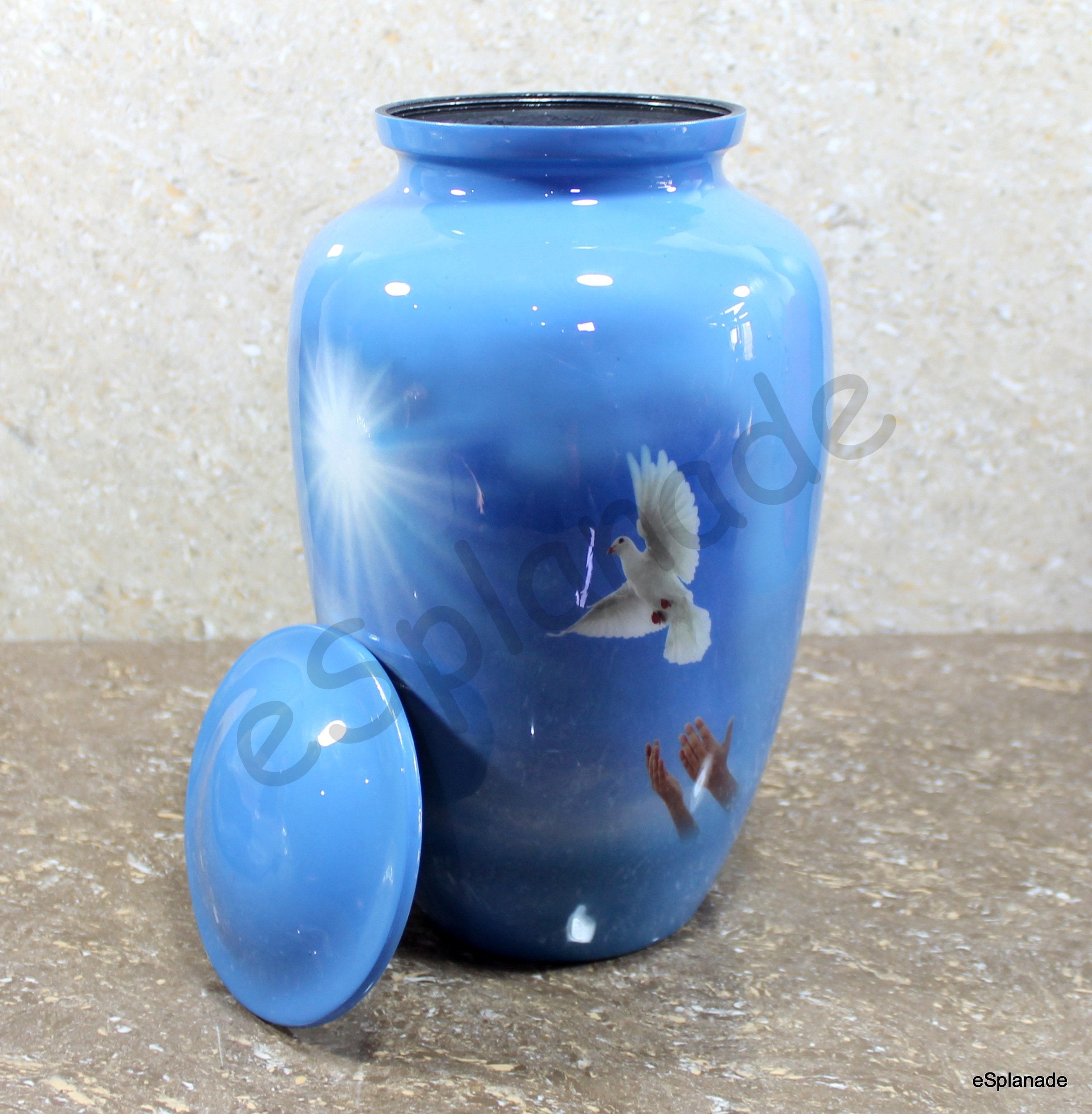 eSplanade Metal Cremation Urn Memorial Jar Pot Container | Full Size Urn for Funeral Ashes Burial | Falcon Printed Urn , Seagull Printed Urn ,White Pigeon Print   | Blue - 10" Inches