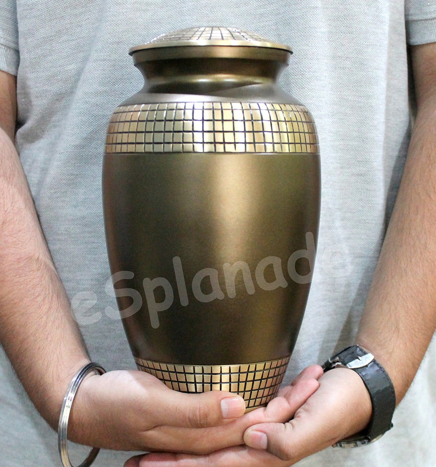 eSplanade Brass Cremation Urn Memorial Jar Pot Container | Full Size Urn for Funeral Ashes Burial | Golden Engraved Metal Urn | Matt Brown - 10" Inches