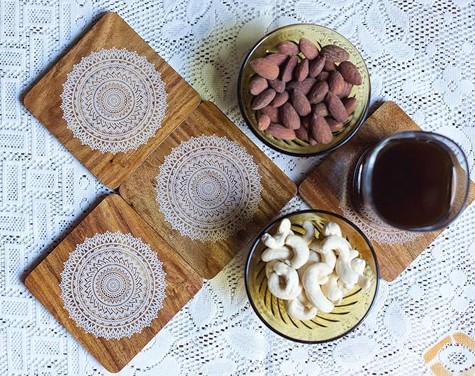Esplanade Wooden Coasters Mandala Print - Teak Wood Table Coaster - Reversible Retro Design Set for Home Kitchen, Office Desk - Decorative Holder for Tea, Coffee Cups - Table Top Coasters - Set of 4