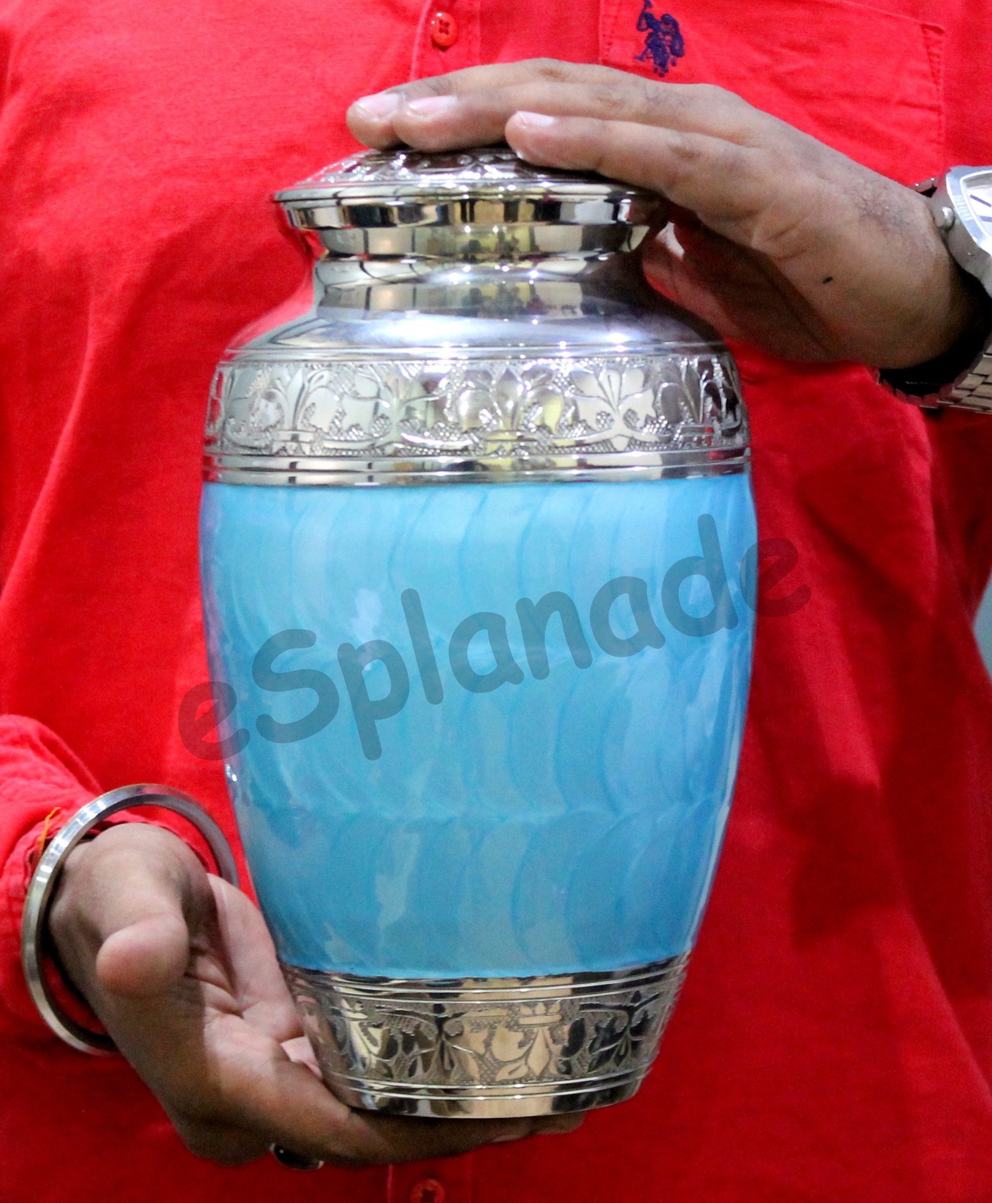 eSplanade Brass Cremation Urn Memorial Jar Pot Container | Full Size Urn for Funeral Ashes Burial | Meenakari Design Metal Urns | Blue - 10" Inches