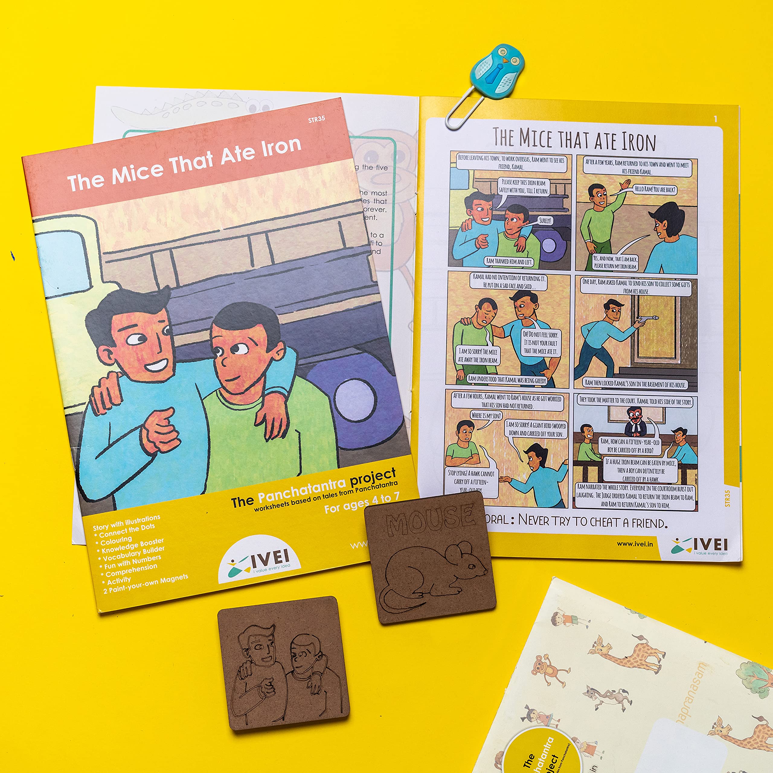 IVEI Panchatantra Story Kids Learning Book - Workbook and 2 DIY Magnets - Colouring Activity Worksheets - Creative Fun Activity and Education for Kids - The Mice That ate Iron (Age 4 to 7 Years)