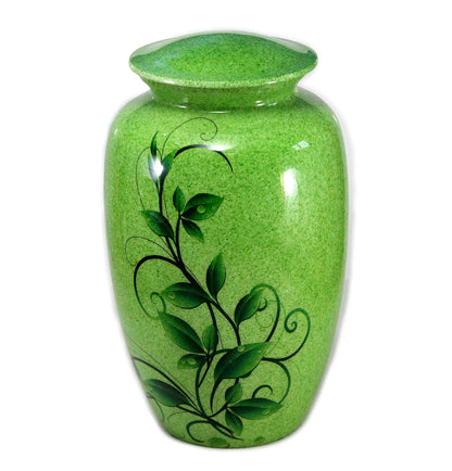 eSplanade Metal Cremation Urn Memorial Jar Pot Container | Full Size Urn for Funeral Ashes Burial | Swirl Leaves Printed Urn | Green - 10" Inches