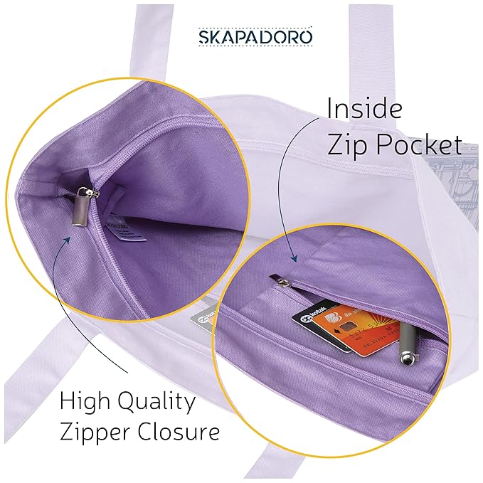 SKAPADORO Canvas Big Zip Printed Handbag Tote,100% Cotton, Inner pocket, Ecofriendly Bag for Women, Travel College Beach Shopping, Easy to Wash Everyday Shoulder Bag - Quirky Desi Graphic Designs