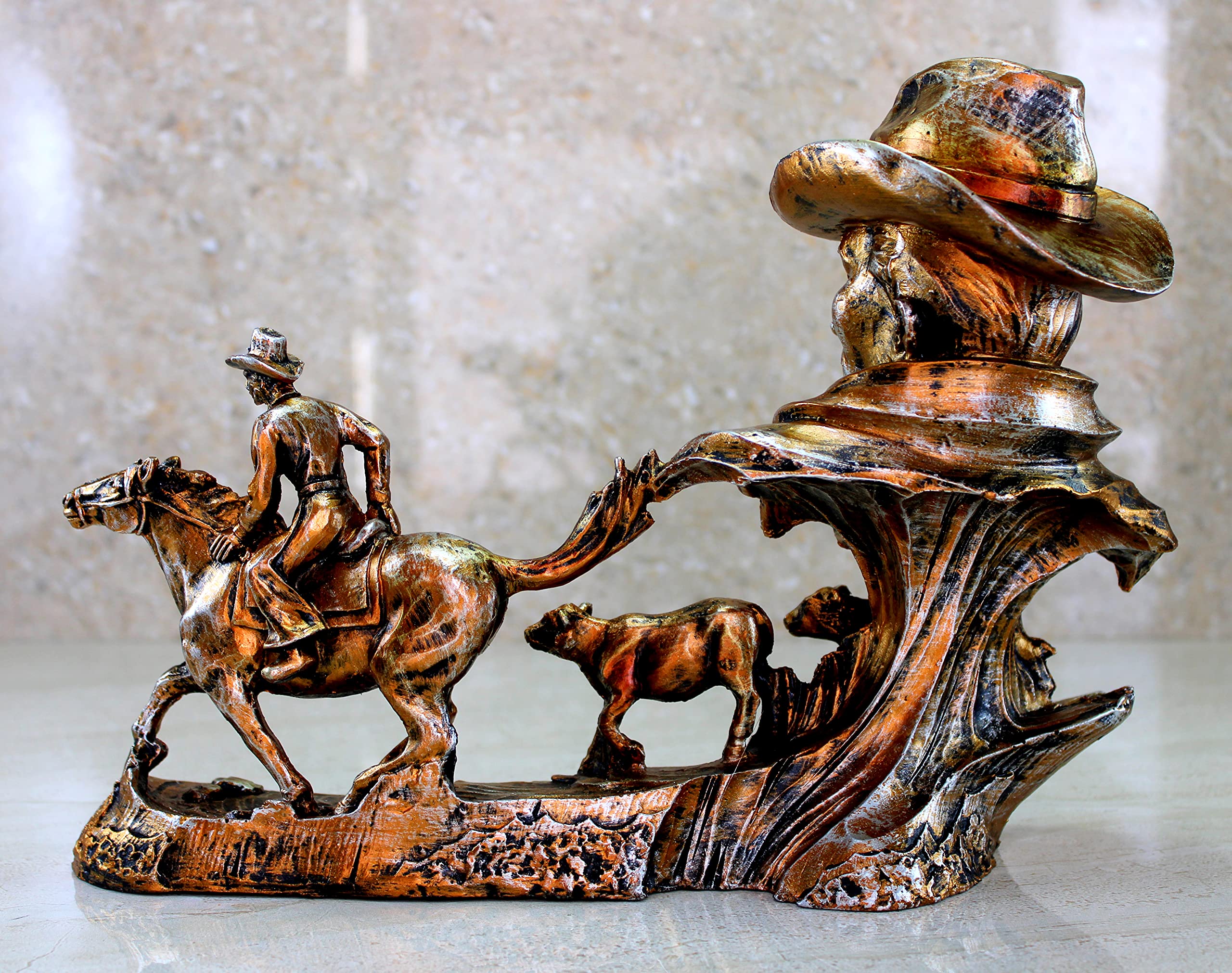 eSplanade Resin Cowboys with Horse, Cow Decorative Sculpture Showpiece Figurine - Home Decor - Grey Brown & Golden Brown- 9" Inches (Height)