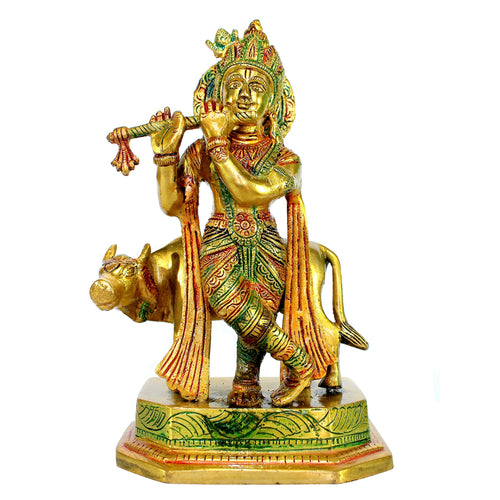 StonKraft - Lord Krishna Kishan Kanha with Kamdhenu Cow Murti Idol Statue Sculpture - Brass - 8