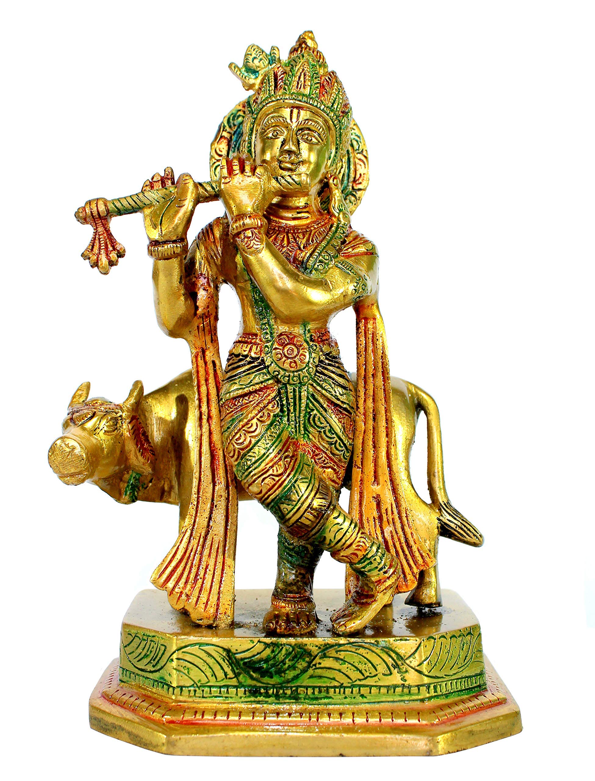 StonKraft - Lord Krishna Kishan Kanha with Kamdhenu Cow Murti Idol Statue Sculpture - Brass - 8" & 9" - Multicolor