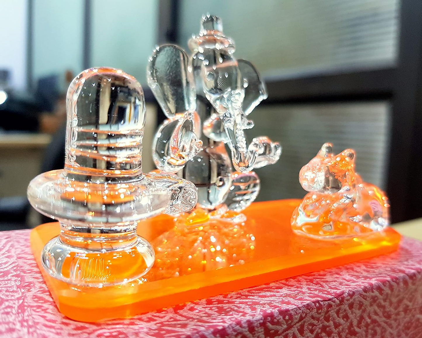 eSplanade Glass Ganesh Ji with Shivling and Nandi | Ganpati Murti Idol Statue Sculpture - 2.5" Inches - Ideal for Car Dashboard