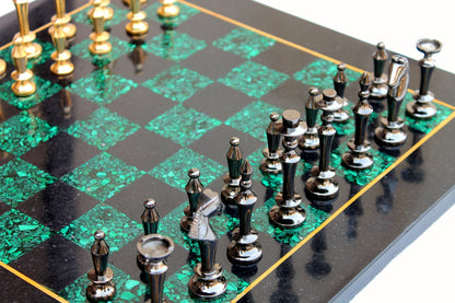 StonKraft Collectible Black Marble and Malachite Stone Chess Board Set + Brass Chess Pieces - Decorative Stone Chess - Home DŽcor - 15" Inches