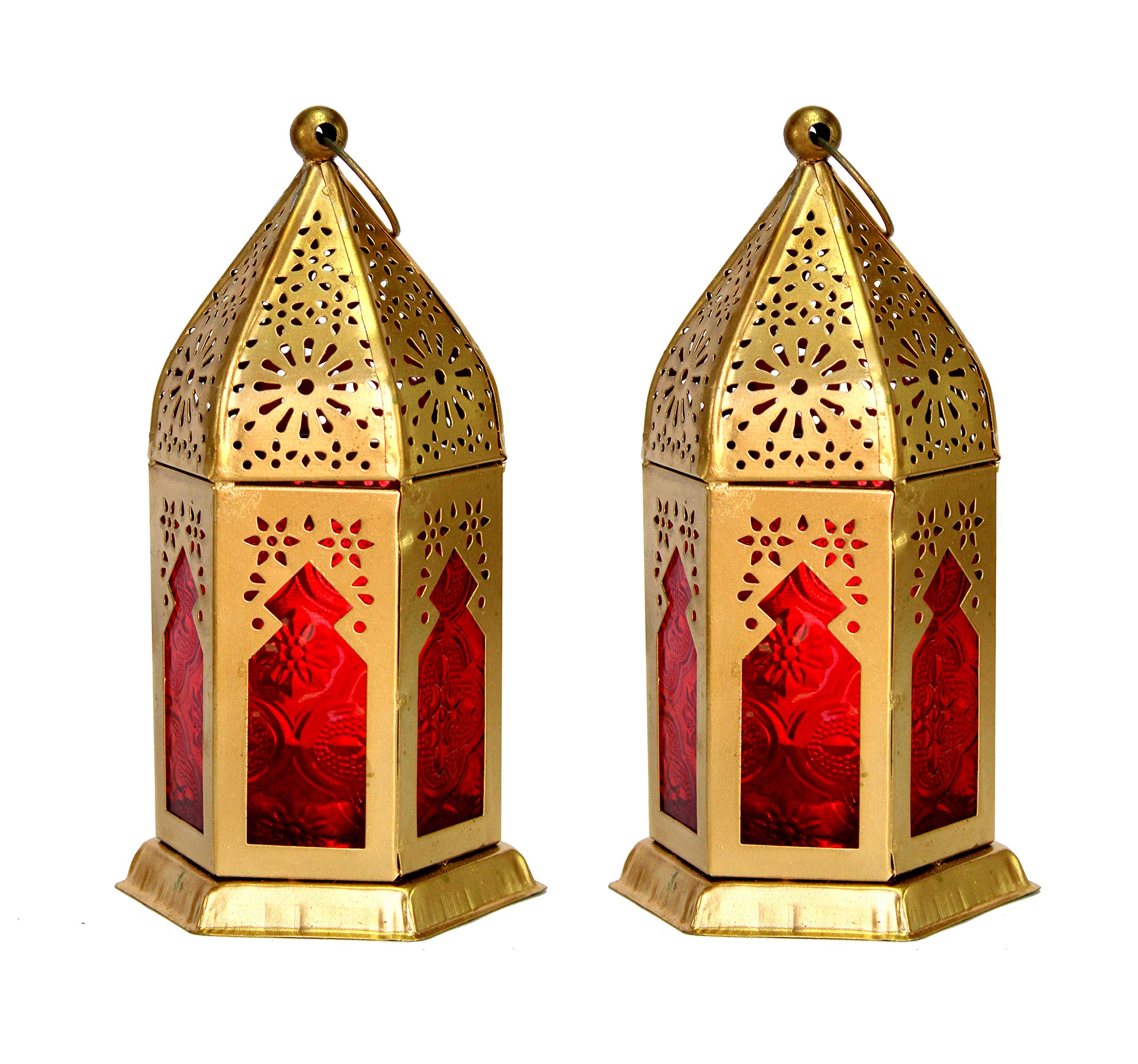 eSplanade Moroccan Lantern | Colored Glass Hanging Lamp - Set of 2 | Tealight Holder | Home Decor | Red-Golden - 6.5" Inches (Multi-Golden)