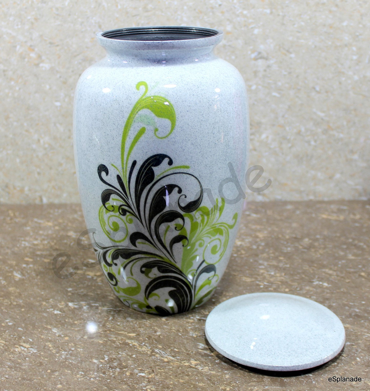 eSplanade Metal Cremation Urn Memorial Jar Pot Container | Full Size Urn for Funeral Ashes Burial | Swirl Flower Print | White - 10" Inches