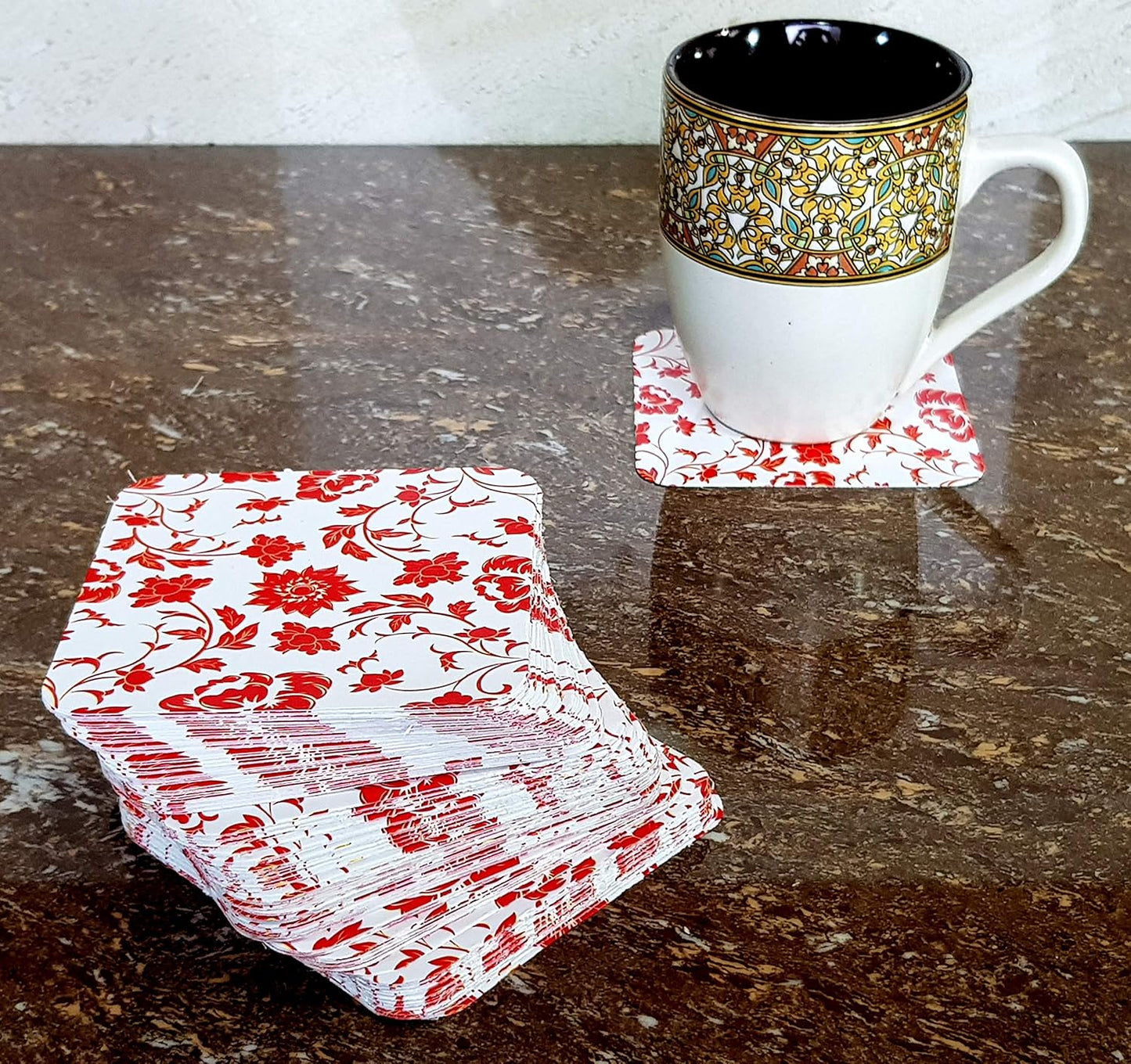 eSplanade Disposable Printed Paper Coasters - Use and Throw Reversible Paper Coasters - Set of 100 - Red Floral