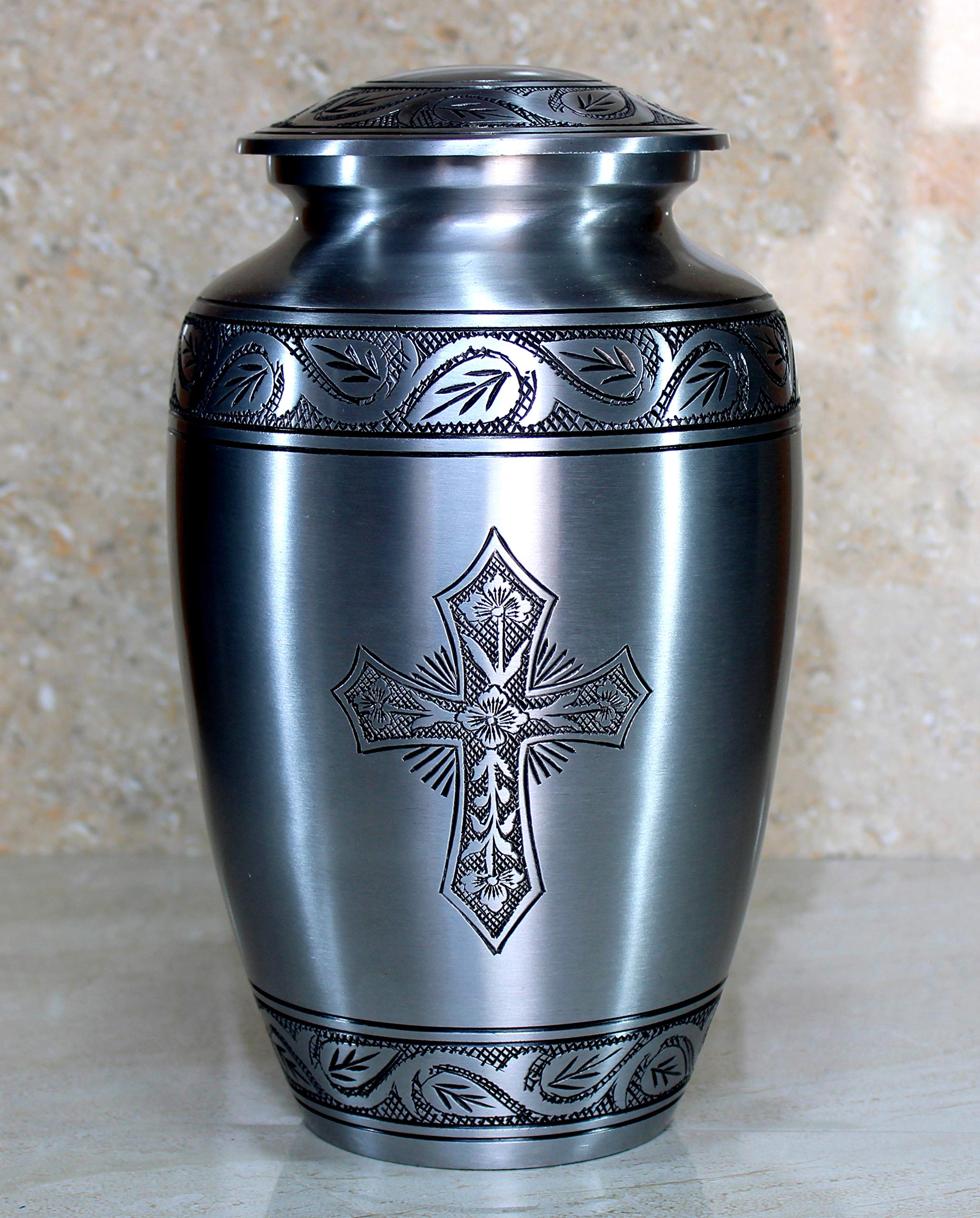 eSplanade Brass Cremation Urn Memorial Jar Pot Container | Full Size Urn for Funeral Ashes Burial | Holy Cross Printed Urn | Black - 10" Inches