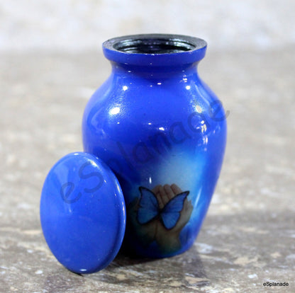 eSplanade Metal Mini Cremation Urn Keepsake Memorial Jar Pot Container |Small Urn for Funeral Ashes Burial | Butterfly in Hands Printed Keepsake | Blue - 3" Inches