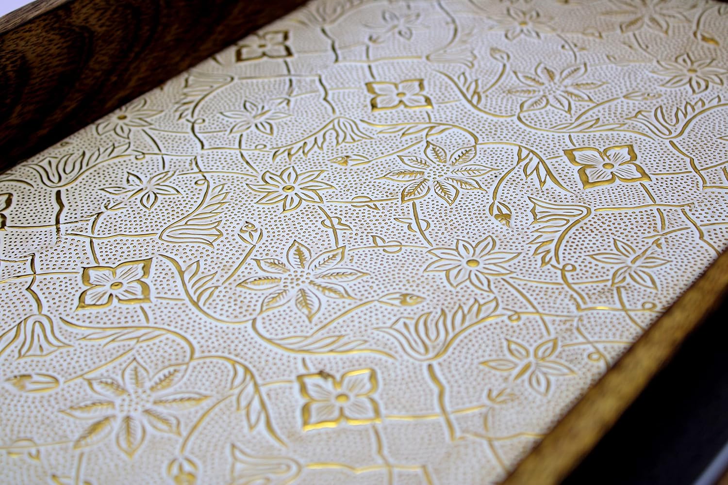 eSplanade KLEO Wooden Engraved Serving Tray - Set of 2 - Serveware Tableware - Wood with Foil Work - 14" Inches - Brown