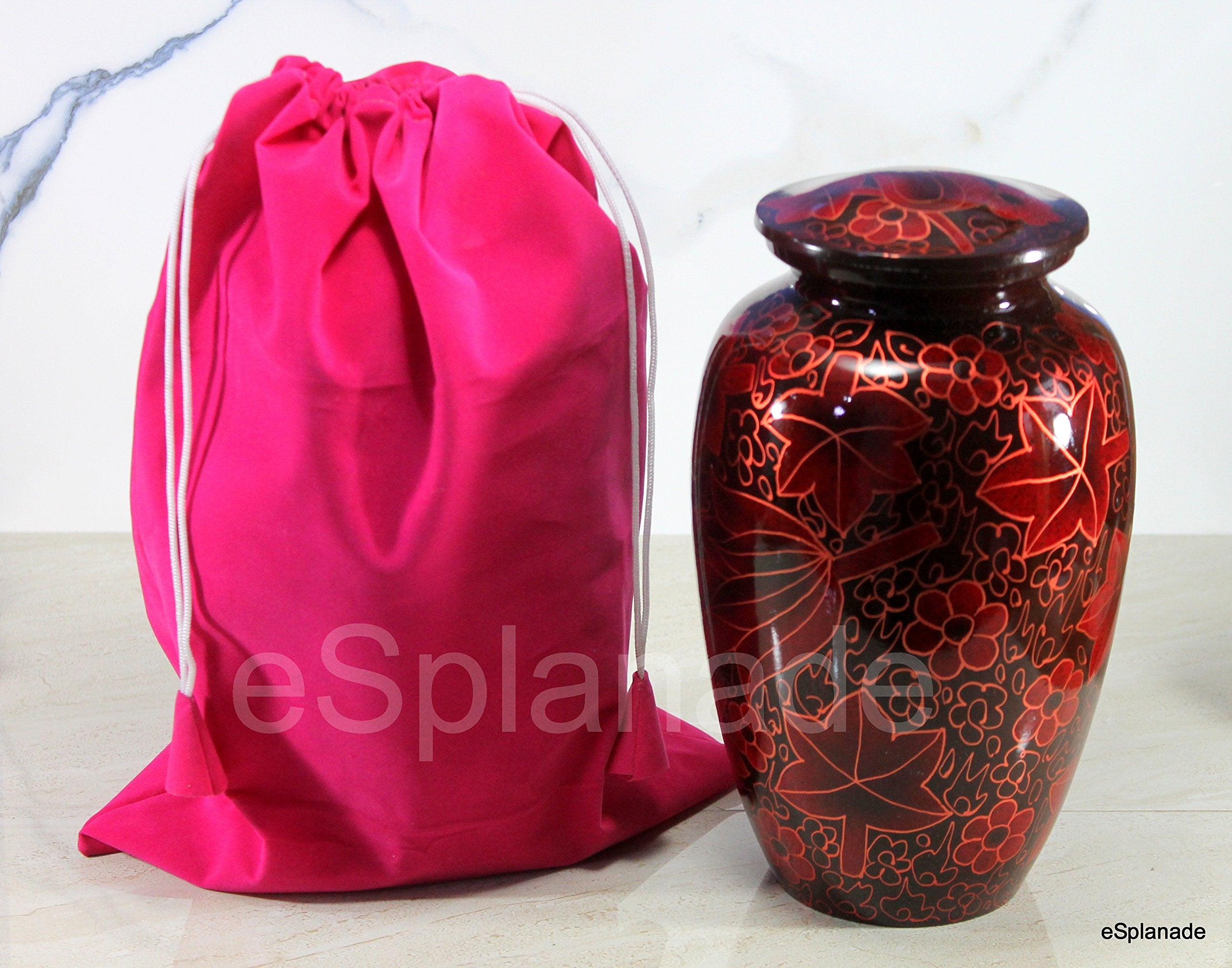 eSplanade Metal Cremation Urn Memorial Jar Pot Container | Full Size Round Shape Urn for Funeral Ashes Burial | Maple Leaves and Flowers Print | Brown - 8" Inches