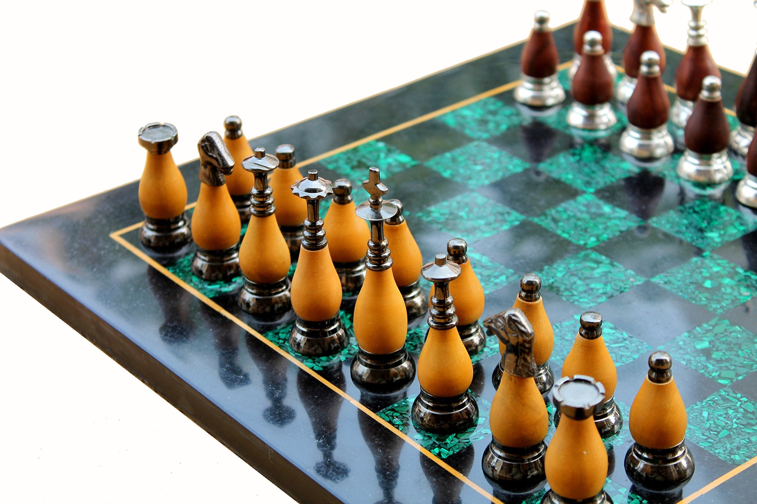 StonKraft Collectible Black Marble and Malachite Chess Board Set + Wooden Brass Combo Chess Pieces - Decorative Stone Chess - Home Decor