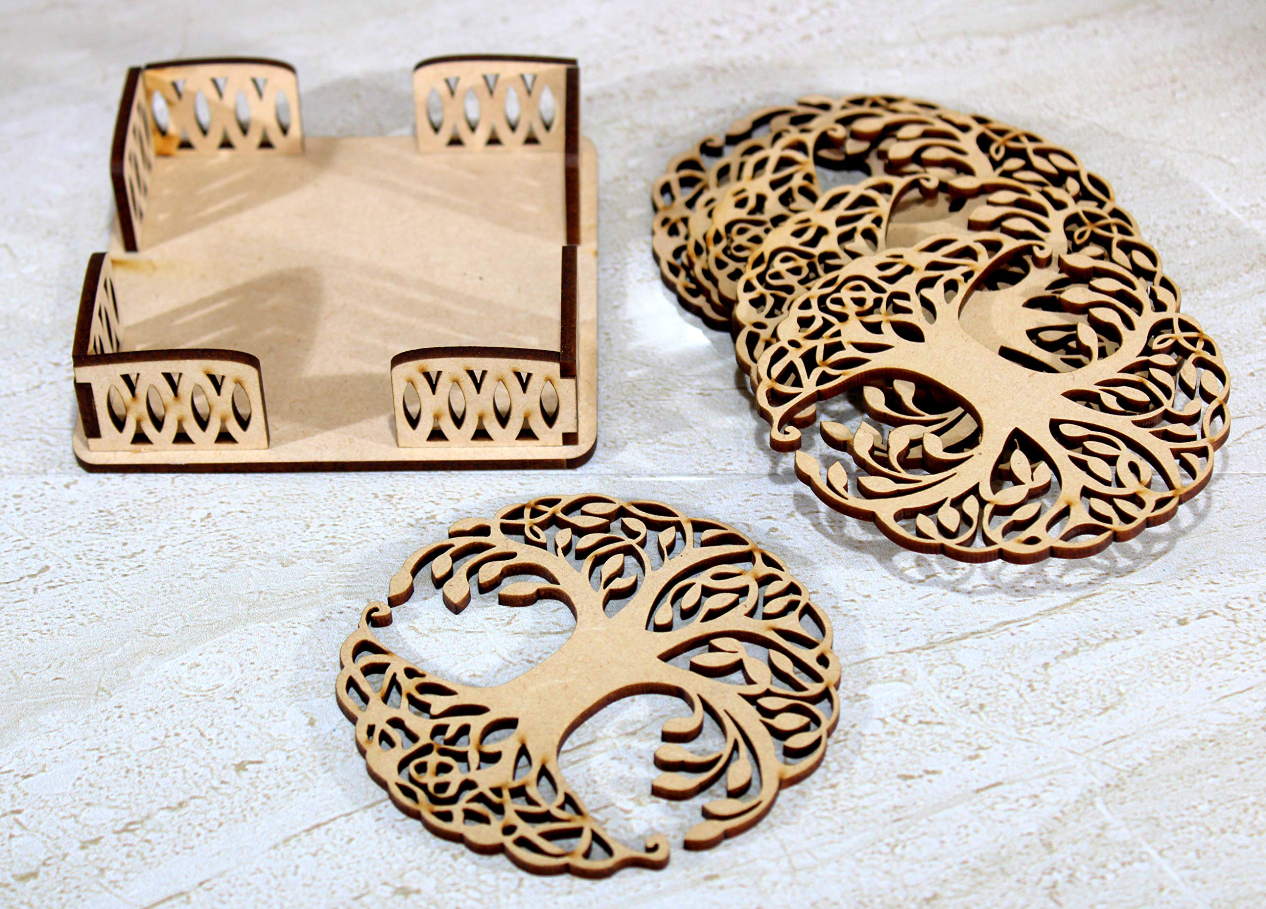 Esplanade Wooden Coasters for DIY Activities,Craft,Decoupage,Painting,Resin Work - 6 Coasters with Holder (Kalpavriksha Tree of Life Design)