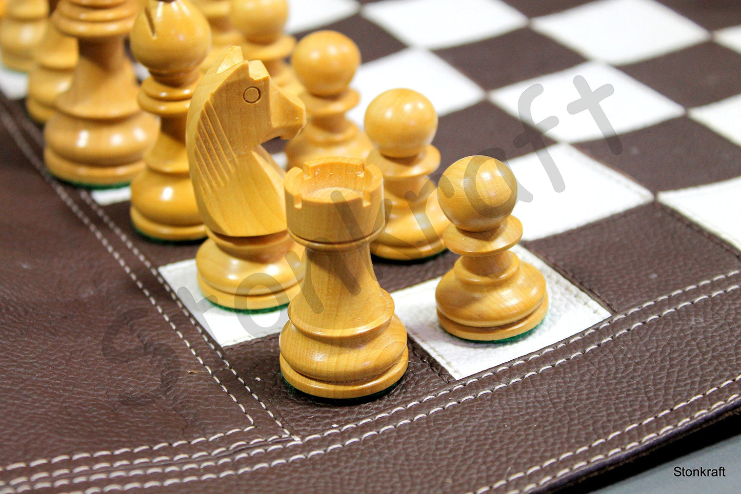 StonKraft - 19" x 15" (Chess Board Size 12" x 12") Roll-Up Leather Chess Set with Wooden Chess Pieces - Brown | Comes with Innovative Carry Pouch