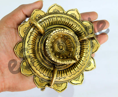 eSplanade - Lotus Shaped Round Brass Diya | Oil Lamp | Home Decor | Brass Diya | Brass Deepam | Brass Lamps | Kuthu Vilakku | Oil Lamp, Lamps for Home and Office