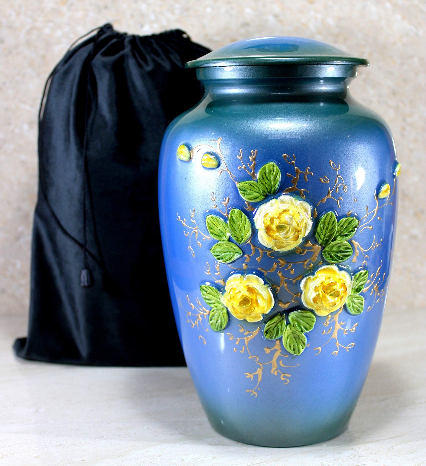 eSplanade Metal Cremation Urn Memorial Jar Pot Container | Full Size Urn for Funeral Ashes Burial | Elephant and Flowers Printed Metal Urn | Blue-Multi - 10" Inches