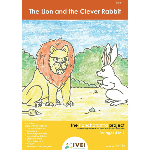 IVEI Panchatantra Kids Learning Book - Workbook and 2 DIY magnets of Panchatantra Story - Colouring Activity Worksheets - Creative Fun Activity and Education For Kids - The Lion and the Clever Rabbit ( Age 4 to 7 Years )