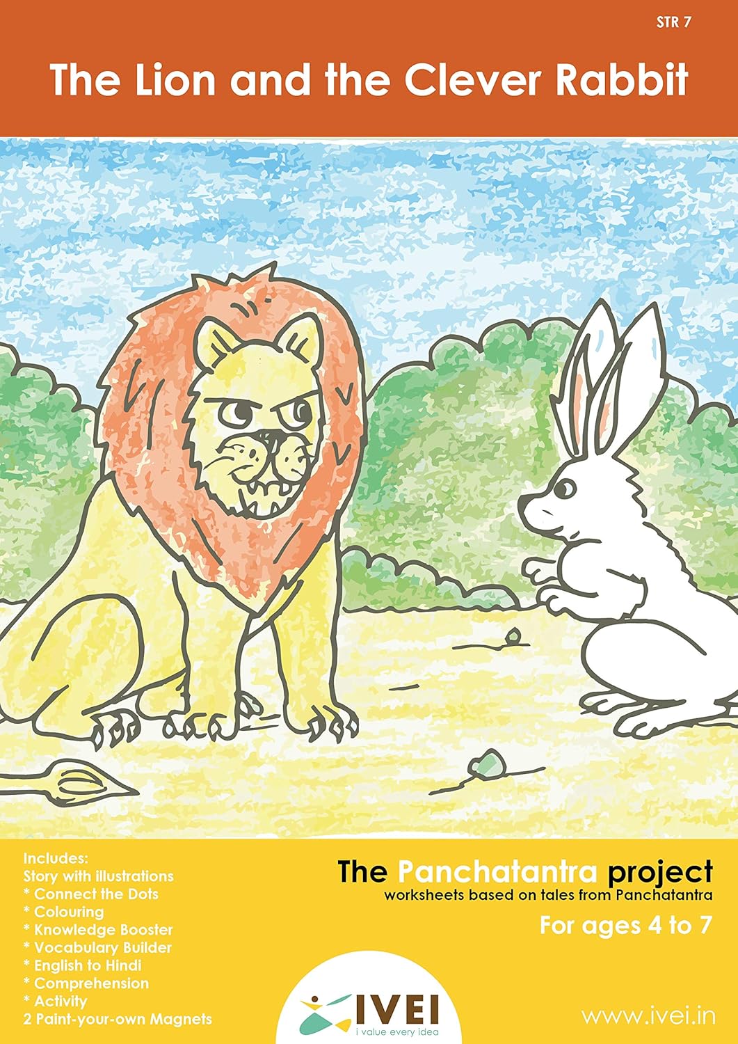 IVEI Panchatantra Kids Learning Book - Workbook and 2 DIY magnets of Panchatantra Story - Colouring Activity Worksheets - Creative Fun Activity and Education For Kids - The Lion and the Clever Rabbit ( Age 4 to 7 Years )