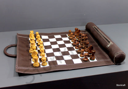 StonKraft - 19" x 15" (Chess Board Size 12" x 12") Roll-Up Leather Chess Set with Wooden Chess Pieces - Brown | Comes with Innovative Carry Pouch