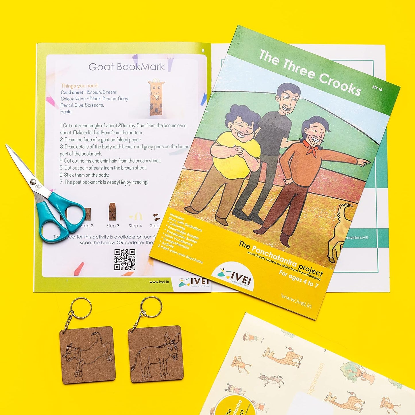 IVEI Panchatantra Workbook & DIY Keychains - The Three Crooks Learning Activity for Kids Ages 4-7