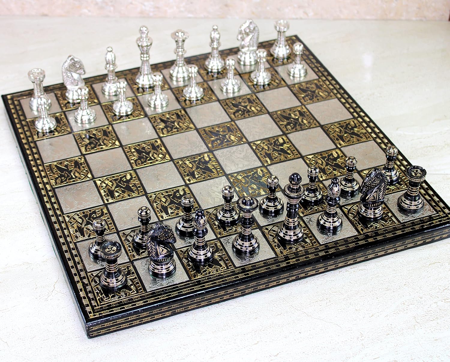 StonKraft Collectible Premium Brass Chess Board Game Set with Brass chess Pieces (14" x 14")