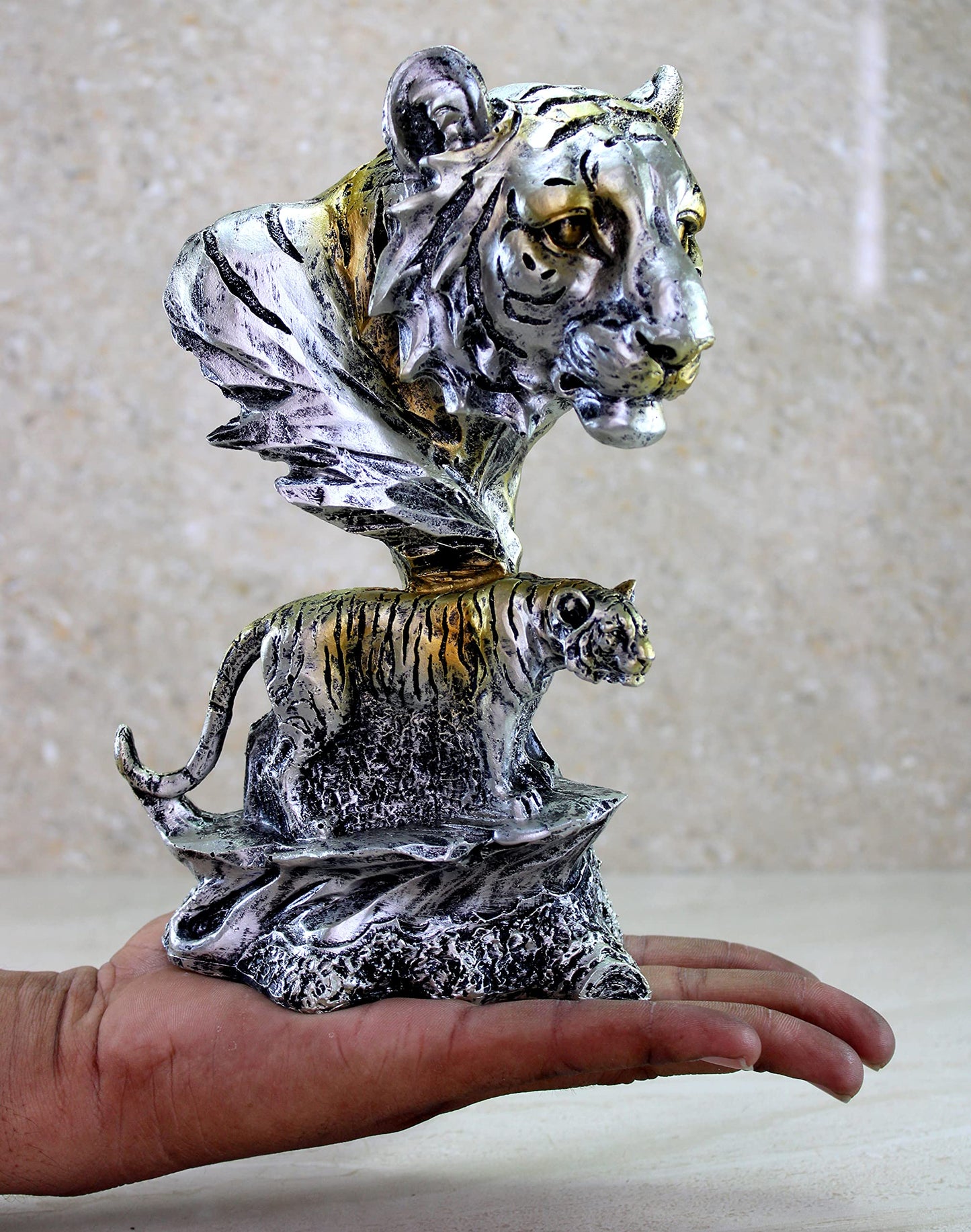 eSplanade Resin Tiger Face with Standing Tiger Sculpture Statue Figurine Showpiece | Statement Decorative Item Home Decor - Grey - 9" Inches