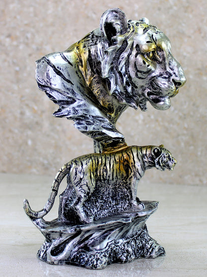 eSplanade Resin Tiger Face with Standing Tiger Sculpture Statue Figurine Showpiece | Statement Decorative Item Home Decor - Grey - 9" Inches