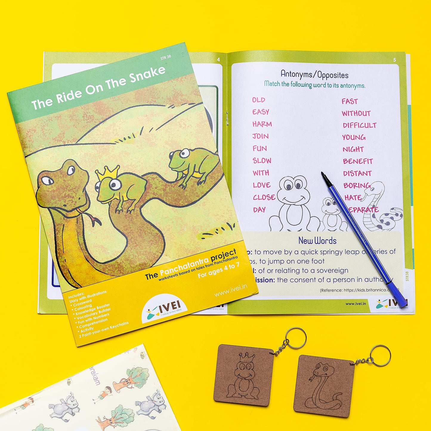 IVEI Panchatantra Story Kids Learning Book - Workbook and 2 DIY Keychains - Colouring Activity Worksheets - Creative Fun Activity and Education for Kids - The Ride on a Snake ( Age 4 to 7 Years )