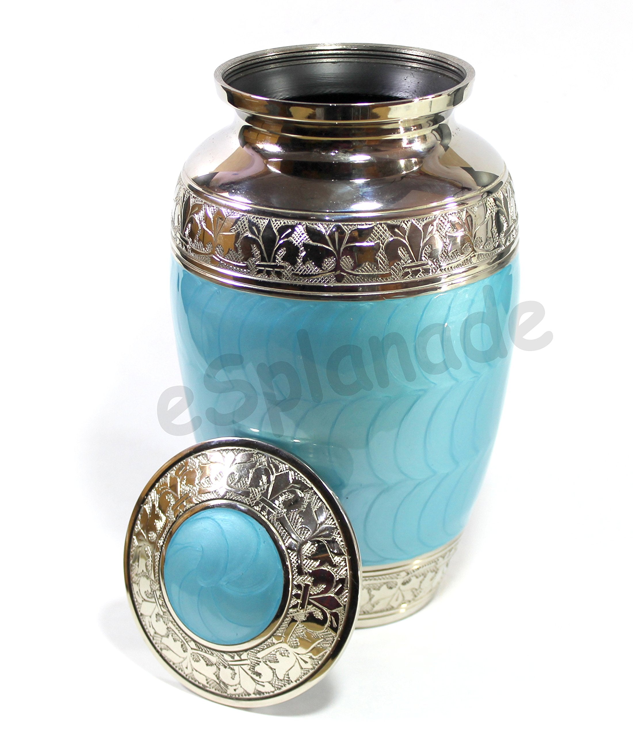eSplanade Brass Cremation Urn Memorial Jar Pot Container | Full Size Urn for Funeral Ashes Burial | Meenakari Design Metal Urns | Blue - 10" Inches