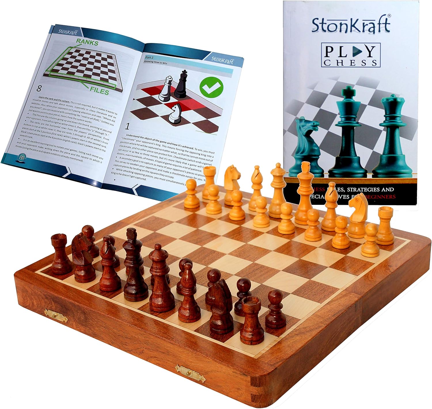 StonKraft 10" x 10" Wooden Chess Game Board Set + Wooden Chess Pieces